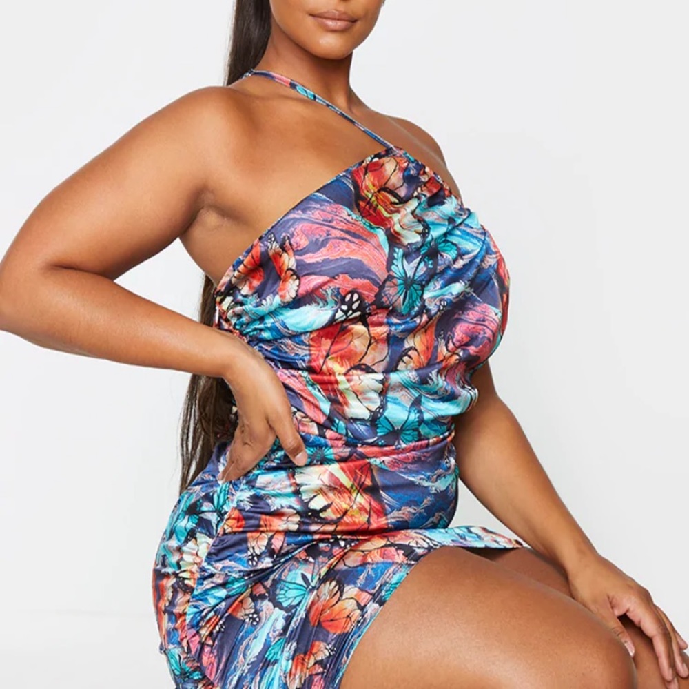PLT | Butterfly Print Satin Asymmetric Dress